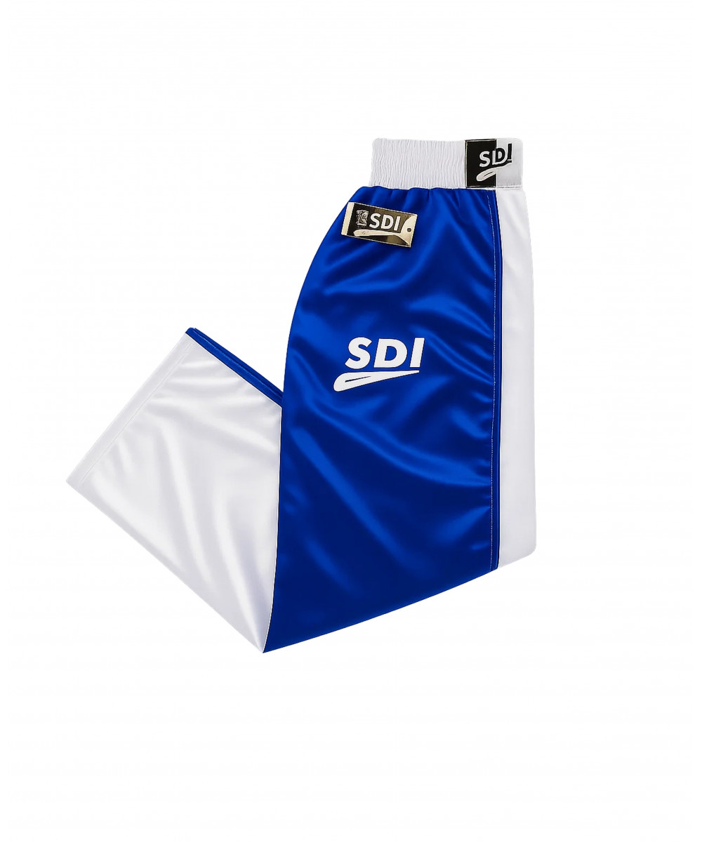 Pantalon de Boxe Full SDI – Bleu bordures Blanches Pantalon de Boxe Full SDI – Bleu bordures Blanches