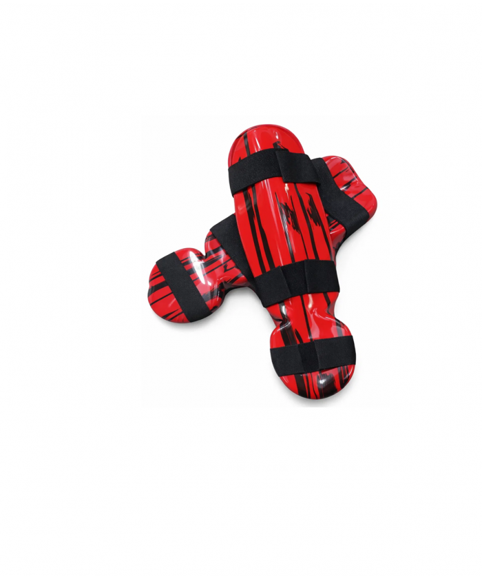 PAIRE PROTEGE TIBIA + COU DE PIED SEMI SOUPLE - ROUGE RAYE NOIR