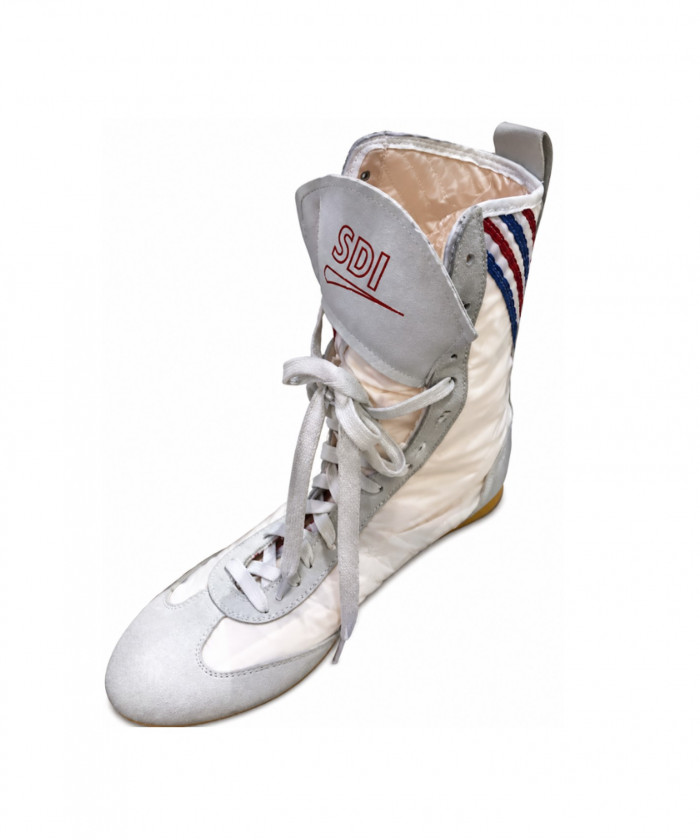 CHAUSSURES BOXE SDI - ECRU AVEC LISERET BLEU - BLANC - ROUGE
